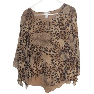 Silk Layered Leopard Print Fairy Top Size 1X Flutter Bell Sleeves Tan/Br…